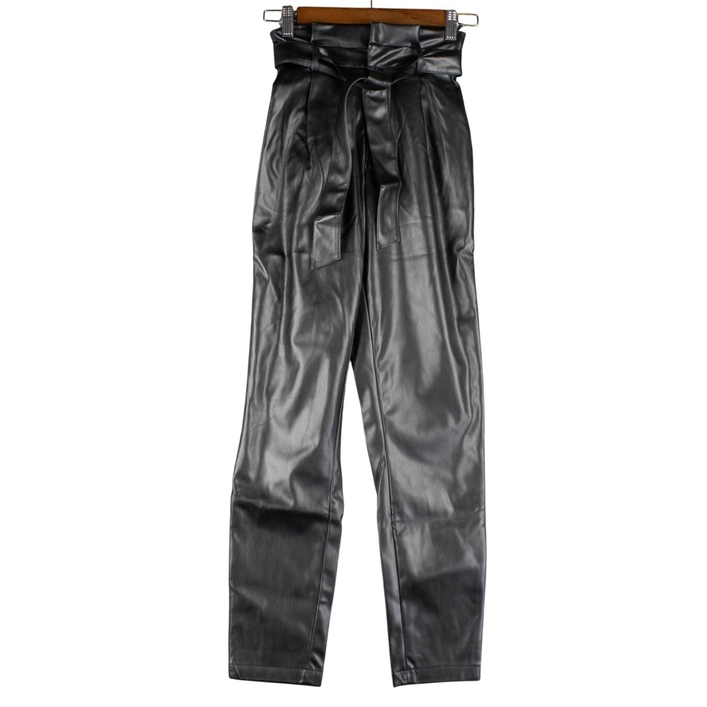 BB Dakota Womens 0 Black Faux Leather Paperbag Waist Pants Goth Cropped Tapered‎